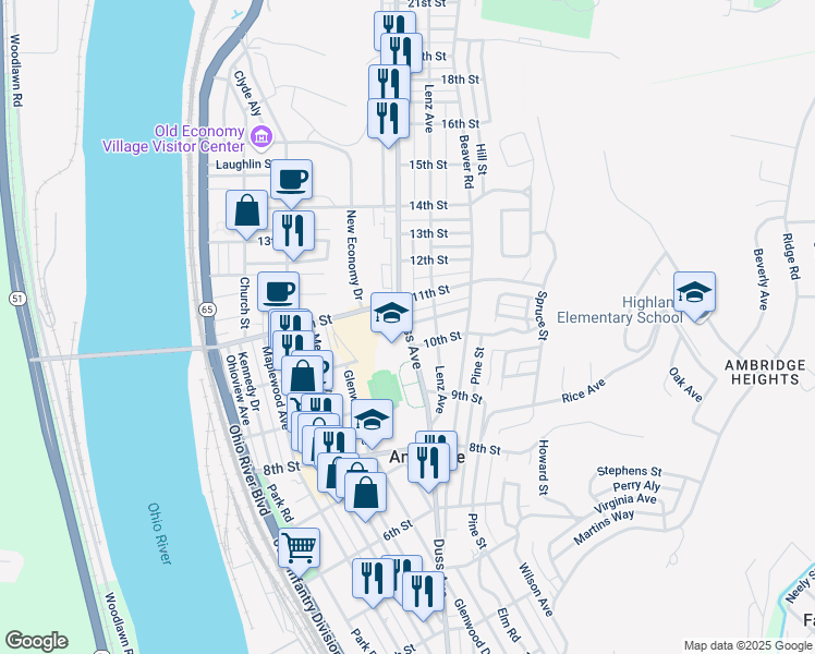 map of restaurants, bars, coffee shops, grocery stores, and more near 1020 Duss Avenue in Ambridge
