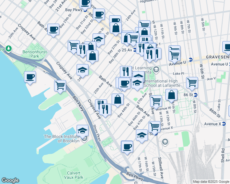 map of restaurants, bars, coffee shops, grocery stores, and more near 187 Bay 41st Street in Brooklyn