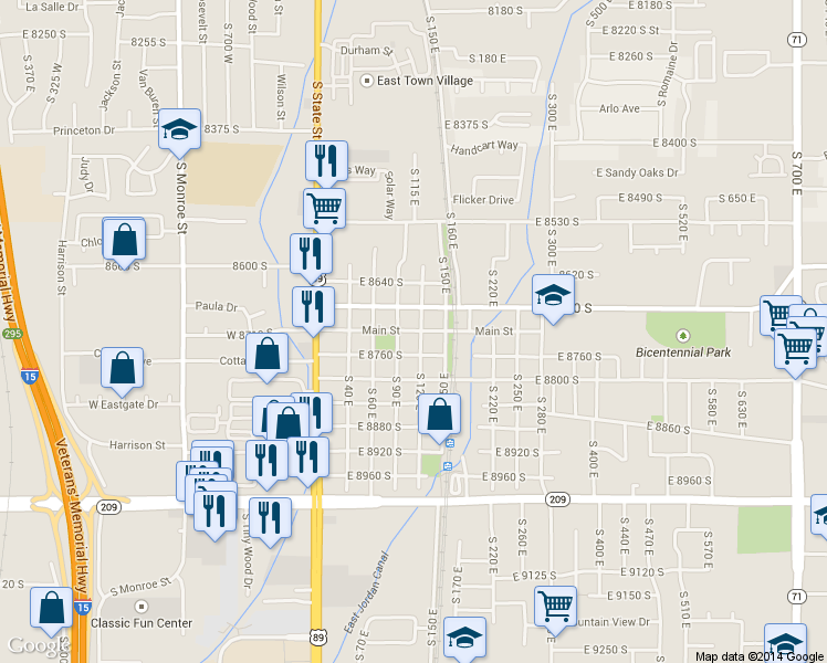 map of restaurants, bars, coffee shops, grocery stores, and more near 110 East Main Street in Sandy