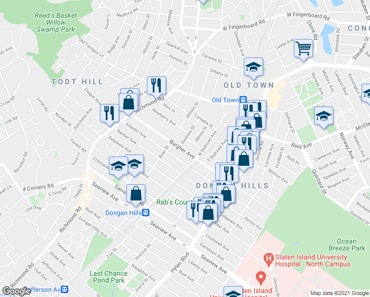 map of restaurants, bars, coffee shops, grocery stores, and more near 151 Burgher Avenue in Staten Island