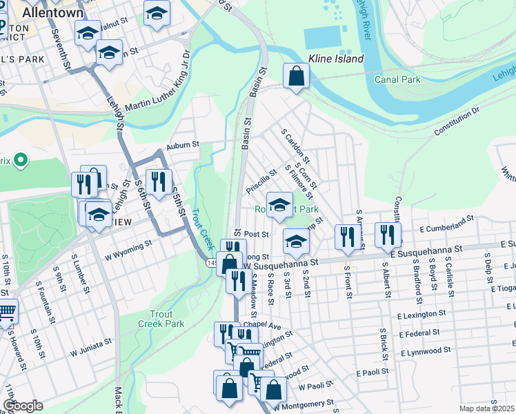 map of restaurants, bars, coffee shops, grocery stores, and more near 732-734 South Eugene Street in Allentown