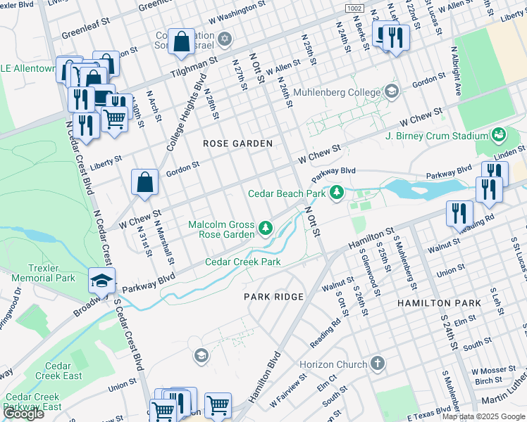 map of restaurants, bars, coffee shops, grocery stores, and more near 142-146 North Broad Street in Allentown