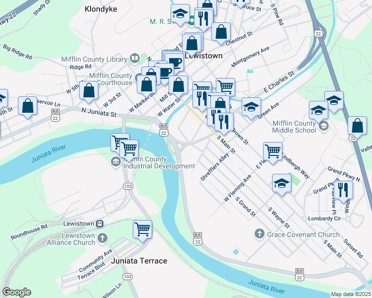 map of restaurants, bars, coffee shops, grocery stores, and more near 200 South Wayne Street in Lewistown