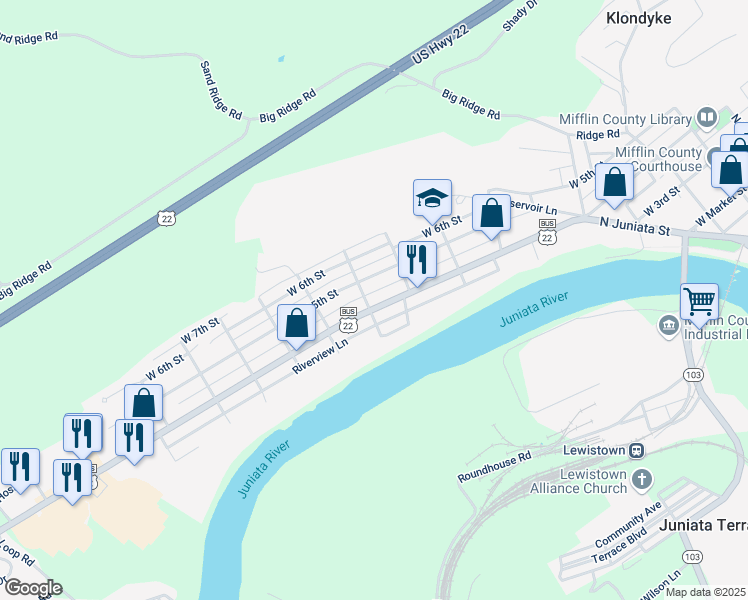 map of restaurants, bars, coffee shops, grocery stores, and more near 623 West 4th Street in Lewistown