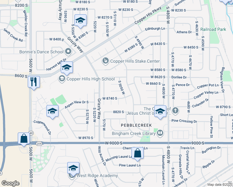 map of restaurants, bars, coffee shops, grocery stores, and more near 5101 Pebblestone Circle in West Jordan