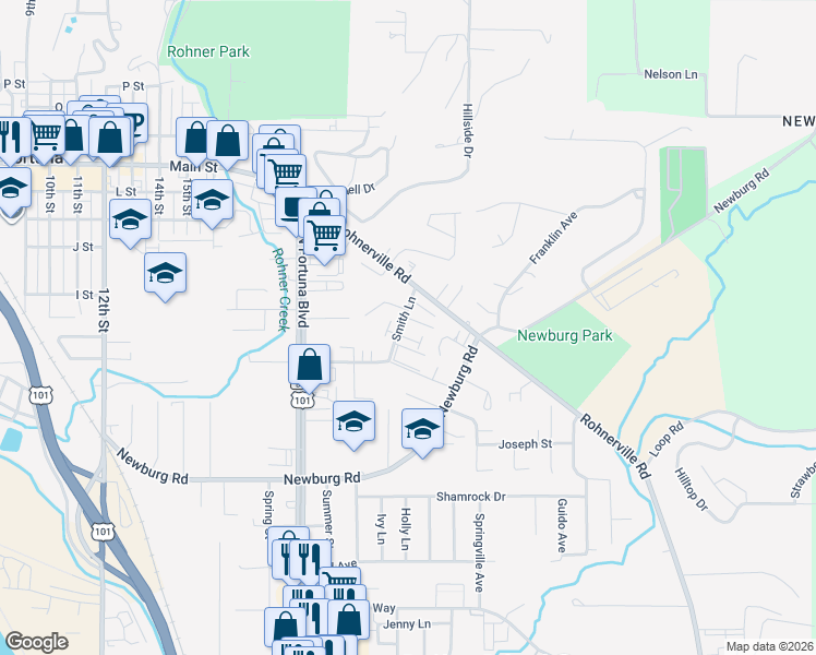 map of restaurants, bars, coffee shops, grocery stores, and more near 3032-3086 Smith Lane in Fortuna