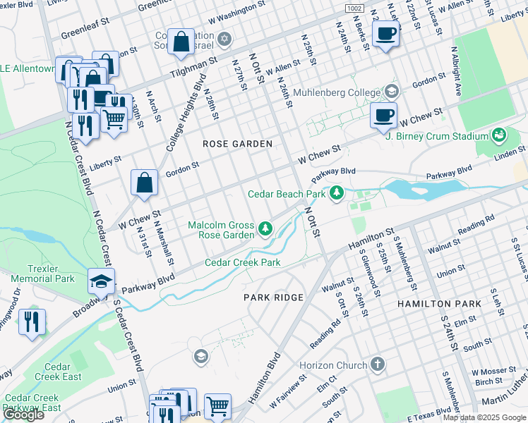 map of restaurants, bars, coffee shops, grocery stores, and more near 142-146 North Broad Street in Allentown