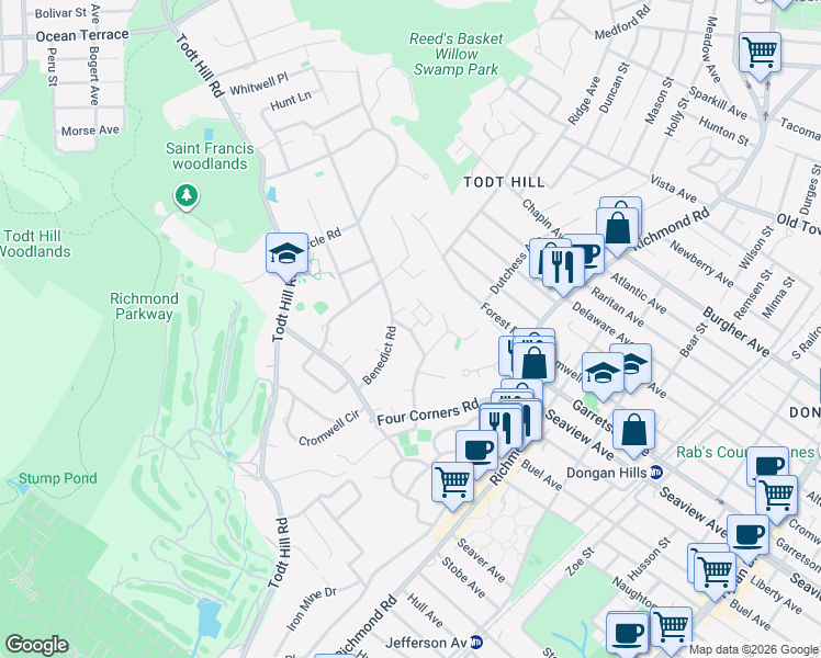 map of restaurants, bars, coffee shops, grocery stores, and more near 245 Benedict Road in Staten Island