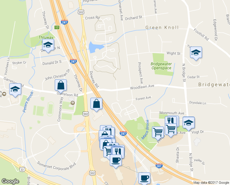 map of restaurants, bars, coffee shops, grocery stores, and more near 111 Woodlawn Avenue in Bridgewater