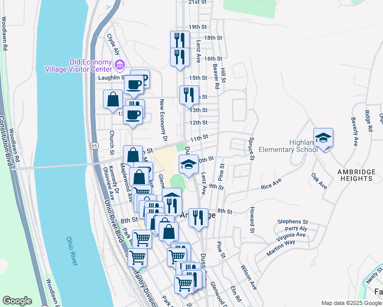 map of restaurants, bars, coffee shops, grocery stores, and more near 1020 Duss Avenue in Ambridge
