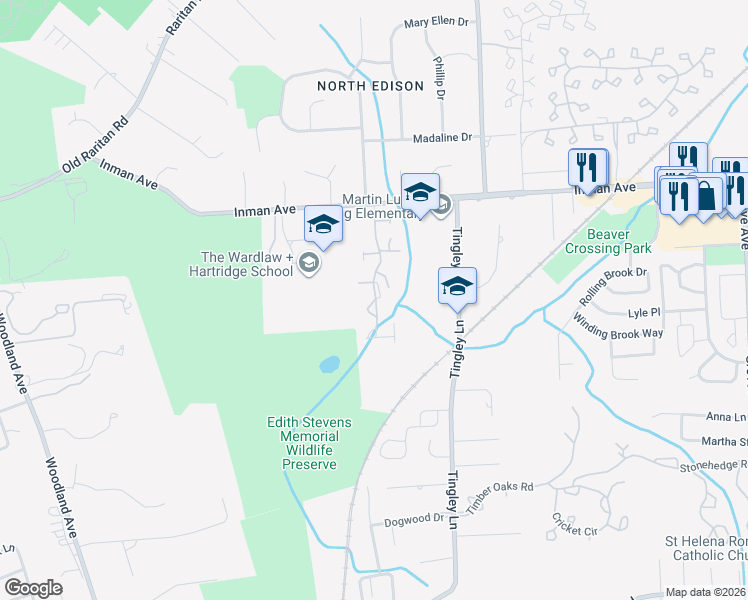 map of restaurants, bars, coffee shops, grocery stores, and more near 157 Maplewood Court in Edison