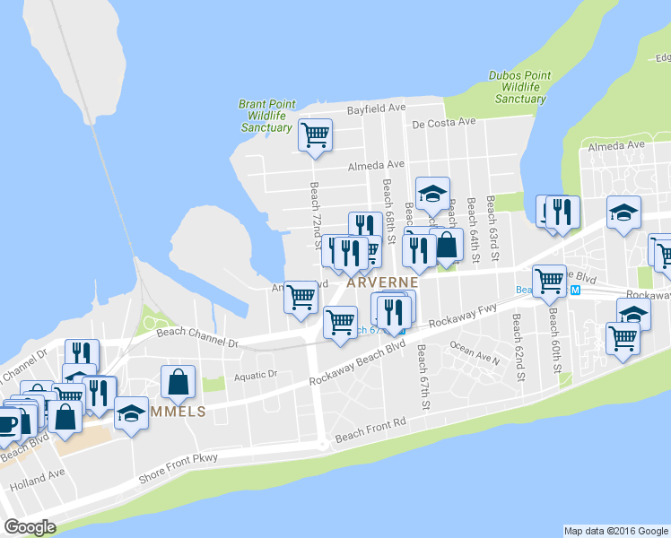 map of restaurants, bars, coffee shops, grocery stores, and more near 69-47 Gouverneur Avenue in Queens