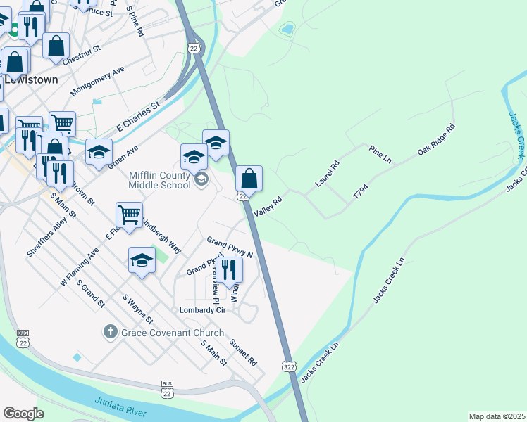 map of restaurants, bars, coffee shops, grocery stores, and more near Valley Road in Lewistown