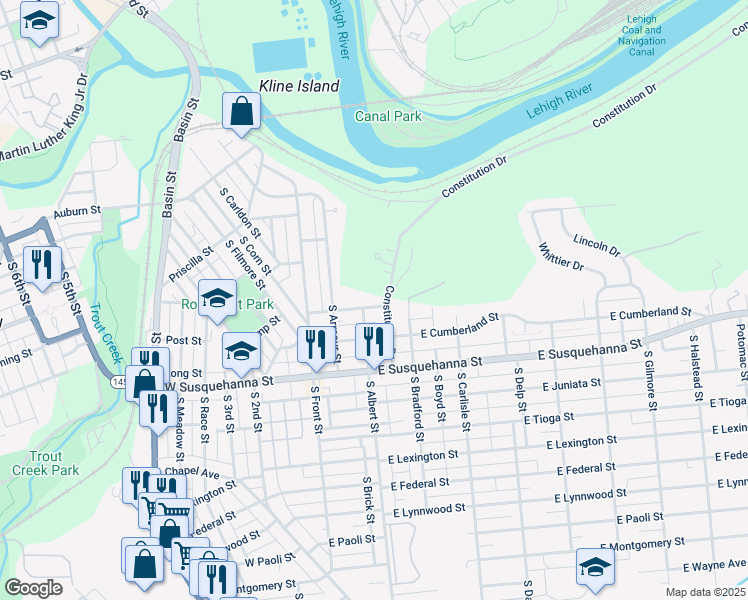 map of restaurants, bars, coffee shops, grocery stores, and more near 111 East Wyoming Street in Allentown