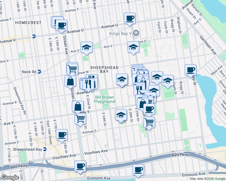 map of restaurants, bars, coffee shops, grocery stores, and more near 2413-2415 East 26th Street in Brooklyn