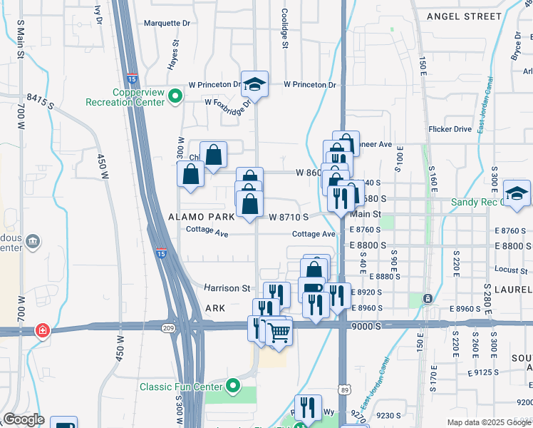 map of restaurants, bars, coffee shops, grocery stores, and more near 140 West 8710 South in Sandy