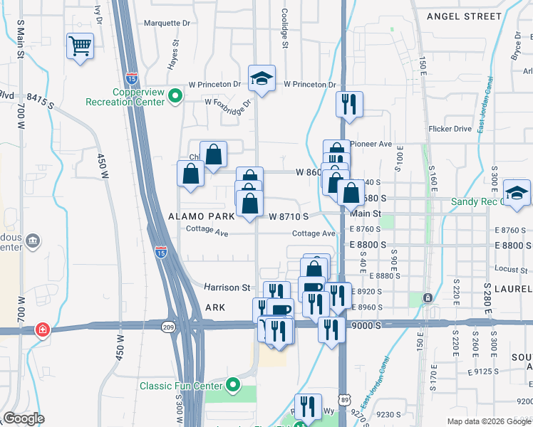 map of restaurants, bars, coffee shops, grocery stores, and more near 140 West 8710 South in Sandy