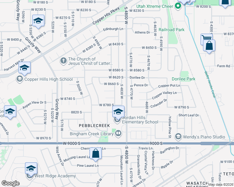 map of restaurants, bars, coffee shops, grocery stores, and more near 8715 South 4870 West in West Jordan