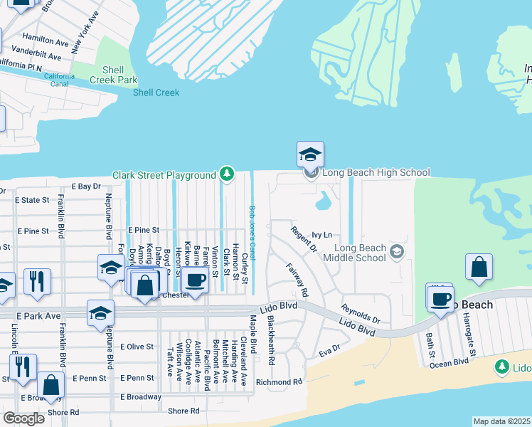 map of restaurants, bars, coffee shops, grocery stores, and more near 285 Blackheath Road in Lido Beach