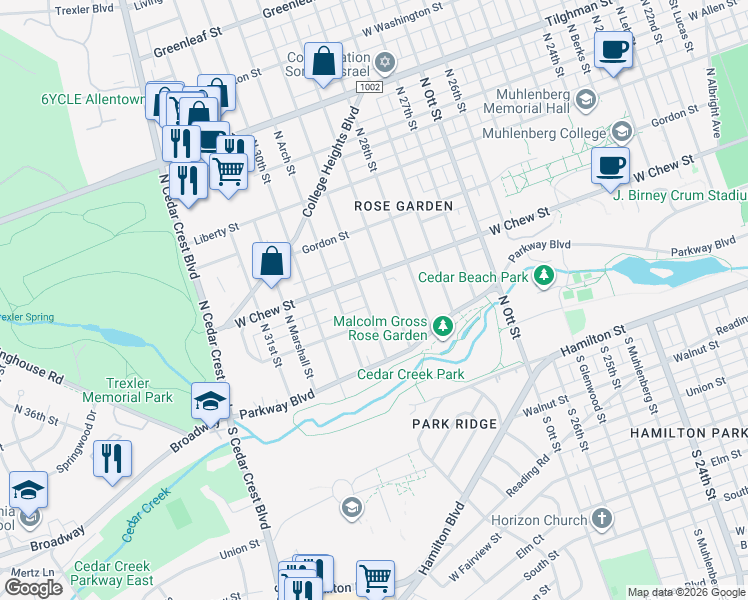 map of restaurants, bars, coffee shops, grocery stores, and more near 221 North 29th Street in Allentown