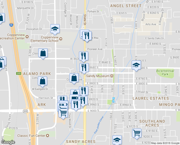 map of restaurants, bars, coffee shops, grocery stores, and more near 27 Main Street in Sandy
