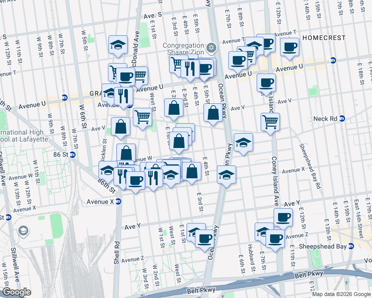 map of restaurants, bars, coffee shops, grocery stores, and more near 385 Avenue W in Brooklyn