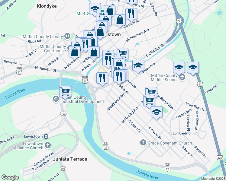 map of restaurants, bars, coffee shops, grocery stores, and more near 313 South Wayne Street in Lewistown