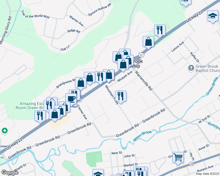 map of restaurants, bars, coffee shops, grocery stores, and more near 142 Mountain Parkway in Green Brook Township