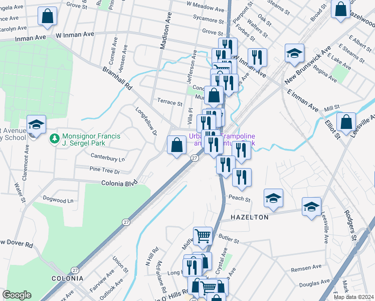 map of restaurants, bars, coffee shops, grocery stores, and more near 15 Prospect Lane in Woodbridge Township