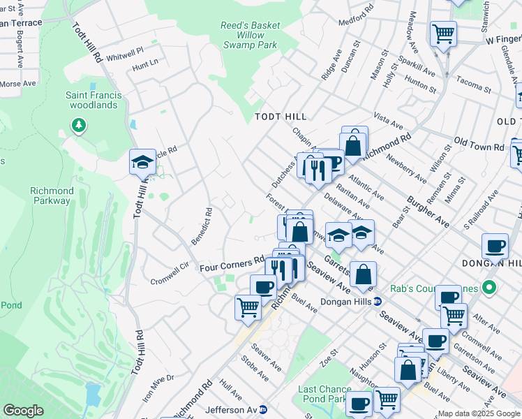 map of restaurants, bars, coffee shops, grocery stores, and more near 6 Romer Road in Staten Island