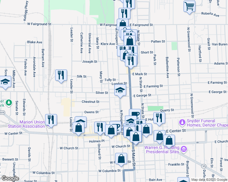 map of restaurants, bars, coffee shops, grocery stores, and more near 186 Silver Street in Marion