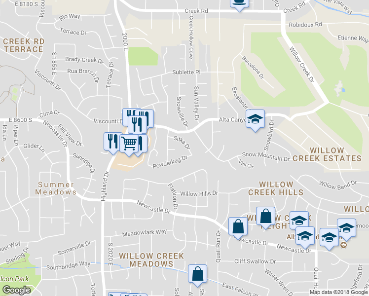 map of restaurants, bars, coffee shops, grocery stores, and more near 8692 Sitka Drive in Sandy