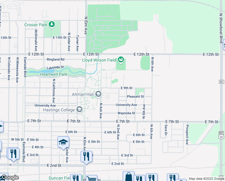 map of restaurants, bars, coffee shops, grocery stores, and more near 908 East 9th Street in Hastings