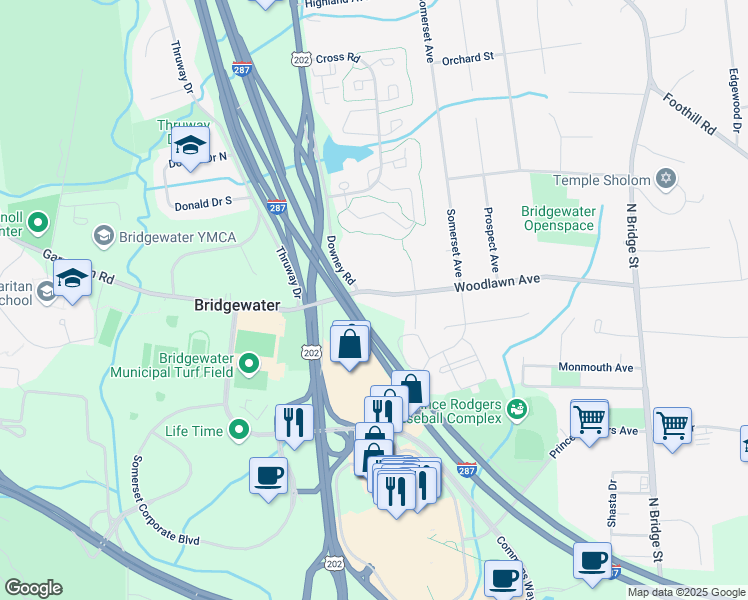 map of restaurants, bars, coffee shops, grocery stores, and more near 125 Woodlawn Avenue in Bridgewater Township