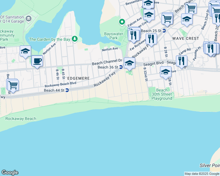 map of restaurants, bars, coffee shops, grocery stores, and more near 180 Beach 38th Street in Queens