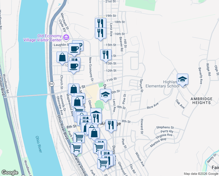 map of restaurants, bars, coffee shops, grocery stores, and more near 712 Kerr Street in Ambridge