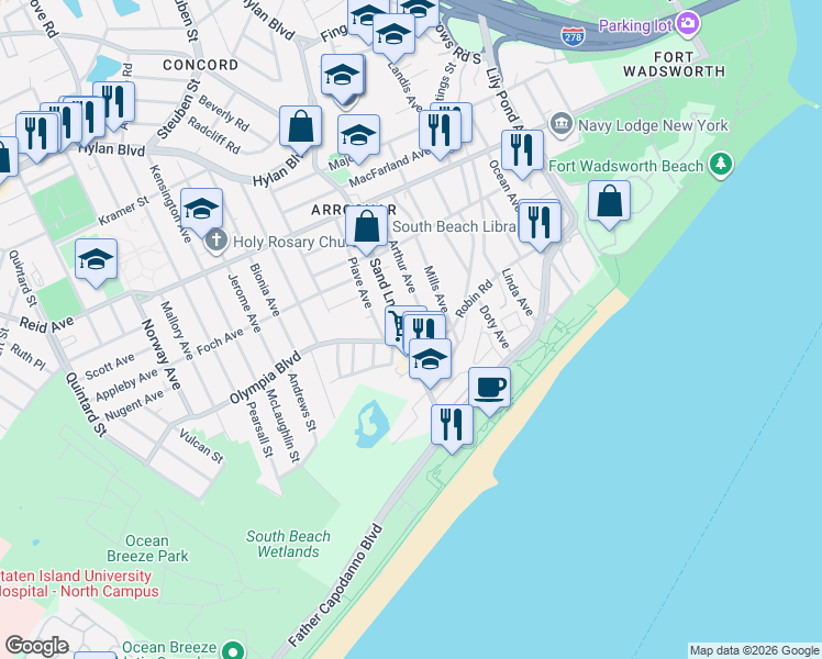 map of restaurants, bars, coffee shops, grocery stores, and more near 266 Sand Lane in Staten Island