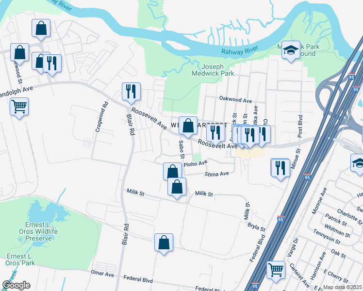 map of restaurants, bars, coffee shops, grocery stores, and more near 1 Carlton Street in Carteret