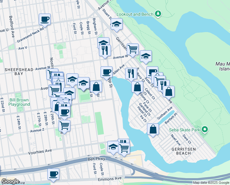 map of restaurants, bars, coffee shops, grocery stores, and more near 2461 Knapp Street in Brooklyn