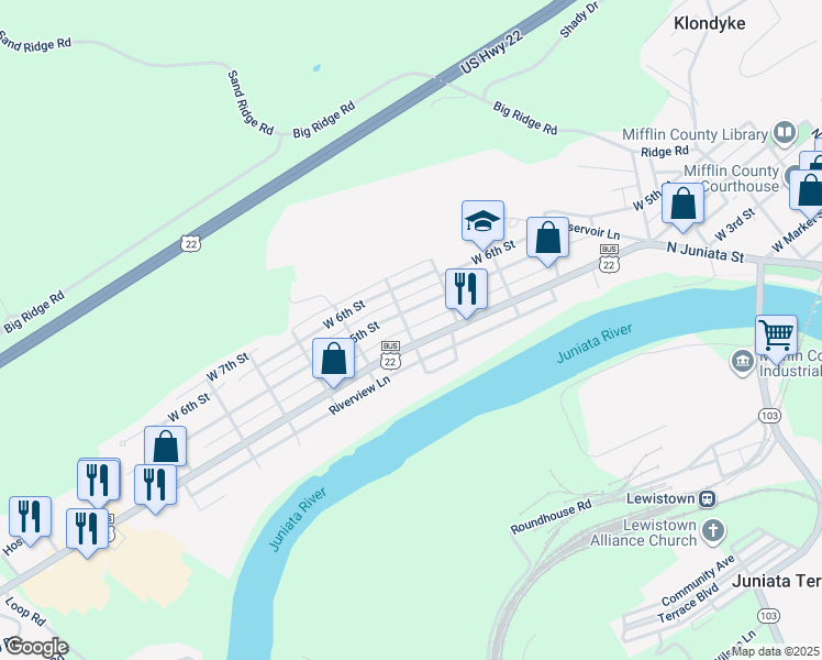 map of restaurants, bars, coffee shops, grocery stores, and more near 105 Rosewood Avenue in Lewistown
