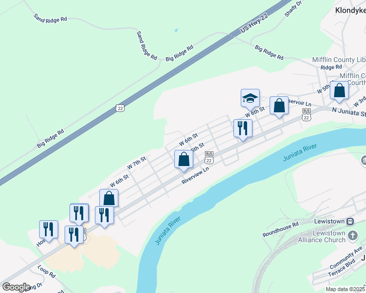 map of restaurants, bars, coffee shops, grocery stores, and more near 810 West 6th Street in Lewistown