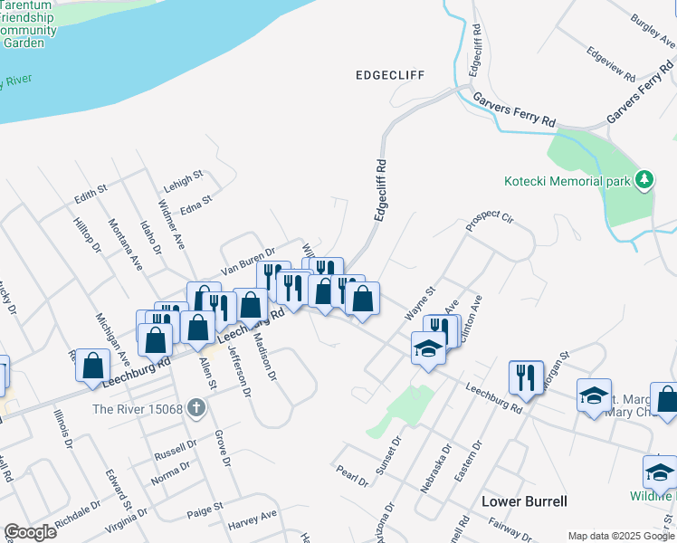 map of restaurants, bars, coffee shops, grocery stores, and more near 2841 Edgecliff Road in Lower Burrell