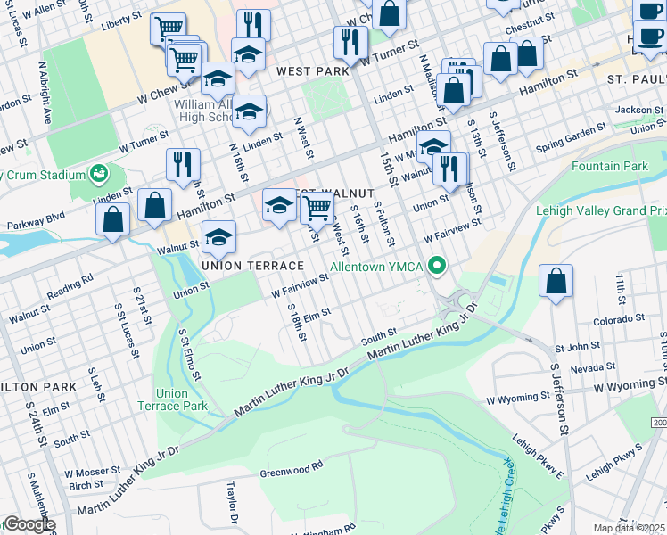 map of restaurants, bars, coffee shops, grocery stores, and more near 239 South 17th Street in Allentown