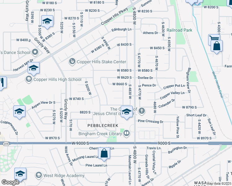 map of restaurants, bars, coffee shops, grocery stores, and more near 4907 West 8700 South in West Jordan