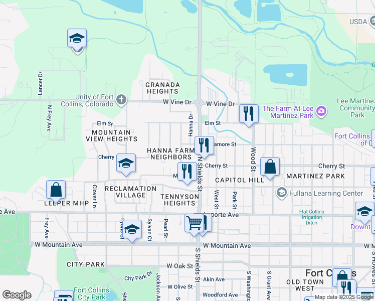 map of restaurants, bars, coffee shops, grocery stores, and more near 403 North Shields Street in Fort Collins