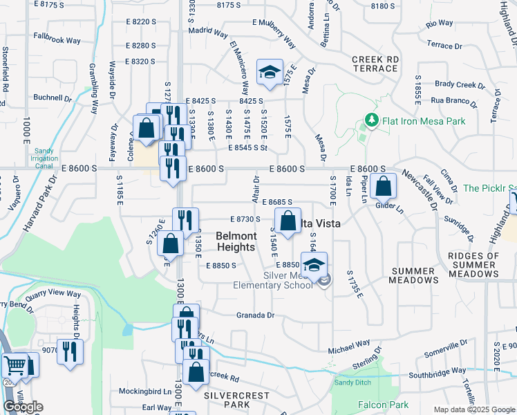 map of restaurants, bars, coffee shops, grocery stores, and more near 1475 8730 South in Sandy