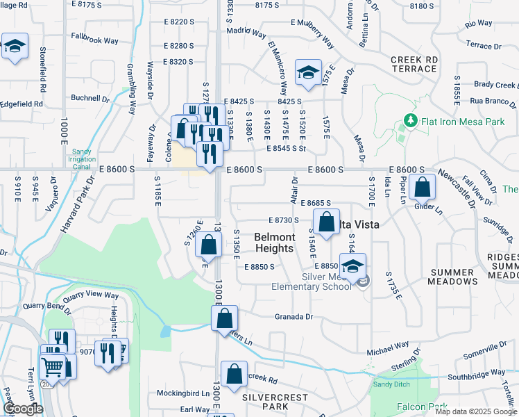 map of restaurants, bars, coffee shops, grocery stores, and more near 1407 East 8730 South in Sandy