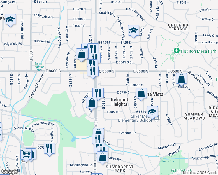 map of restaurants, bars, coffee shops, grocery stores, and more near 1407 East 8730 South in Sandy