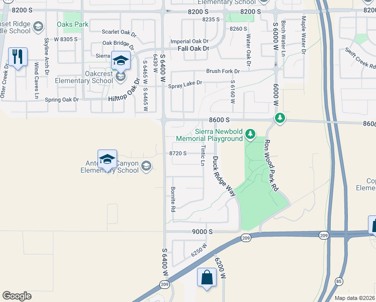 map of restaurants, bars, coffee shops, grocery stores, and more near 6307 8720 South in West Jordan