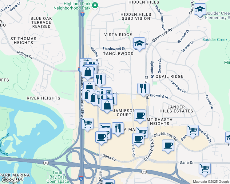 map of restaurants, bars, coffee shops, grocery stores, and more near 864 Browning Street in Redding